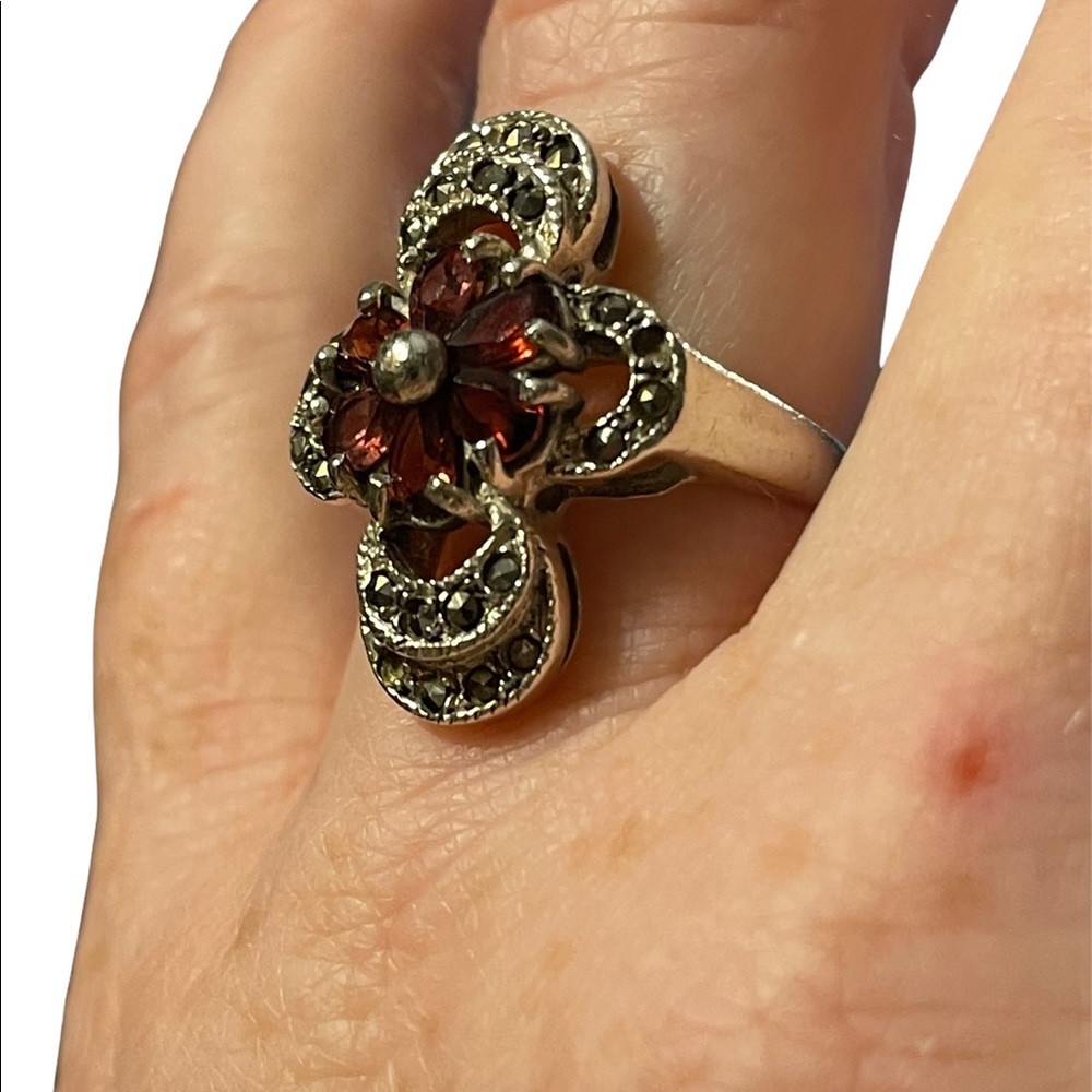 Vintage sterling silver garnet marcasite 925 fancy oblong ring - Picture 4 of 10